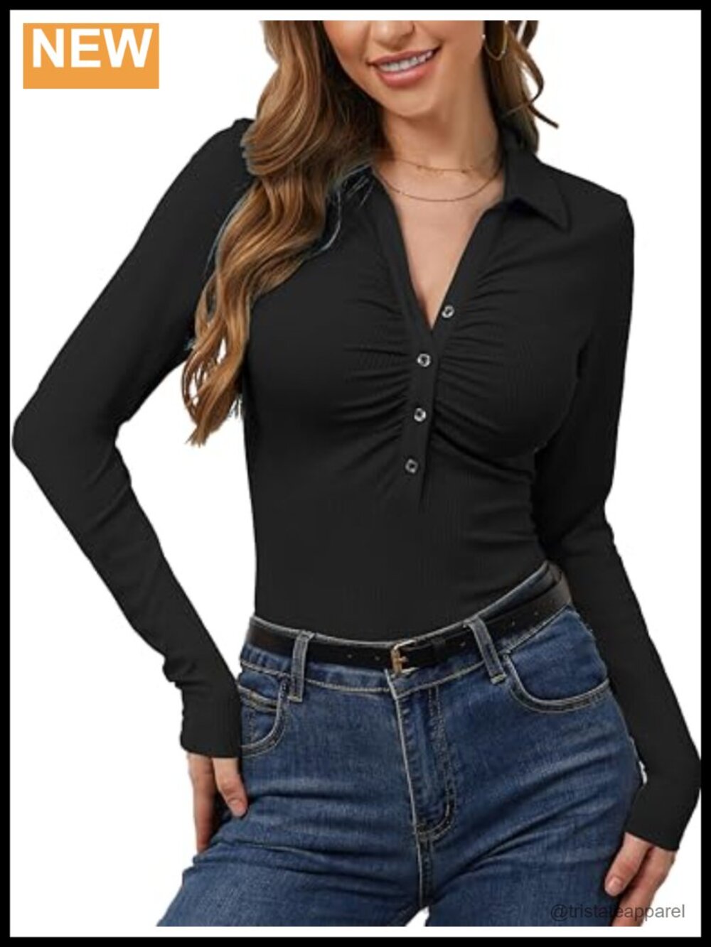 Ribbed Knit Polo Women's V Neck Long Sleeve Shirt Ruched Button Down Fitted Top